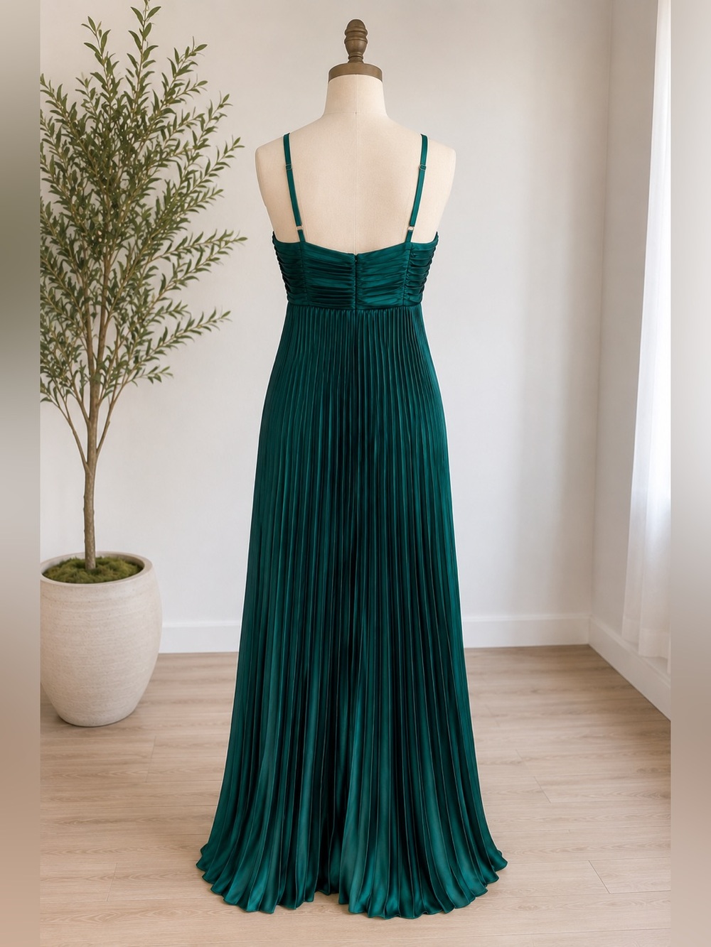 Boston Proper Size 6 Emerald Green Liquid Shine Pleated Maxi Dress Formal Gown - Picture 3 of 6